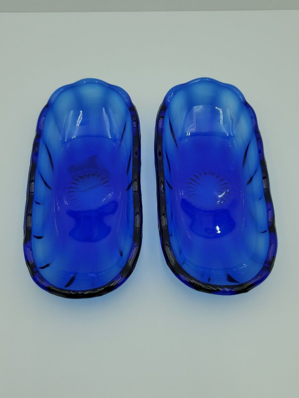 Anchor Hocking Fountainware Cobalt Blue Glass Banana Split Dishes Relish Trays